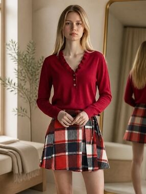 Ralph Lauren Red V-Neck Sweater Ruffle Trim Button Placket Cotton Small